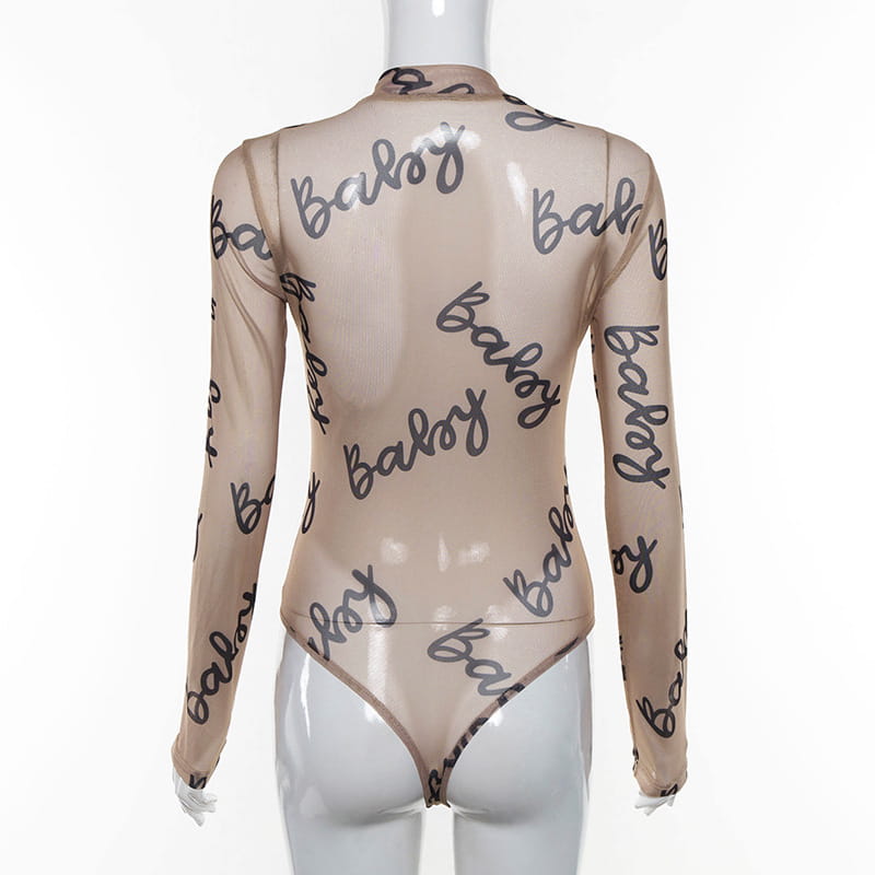 Women Sheer Mesh Long Sleeve T-Shirt Bodysuit | With Letters - # GIAA23510049