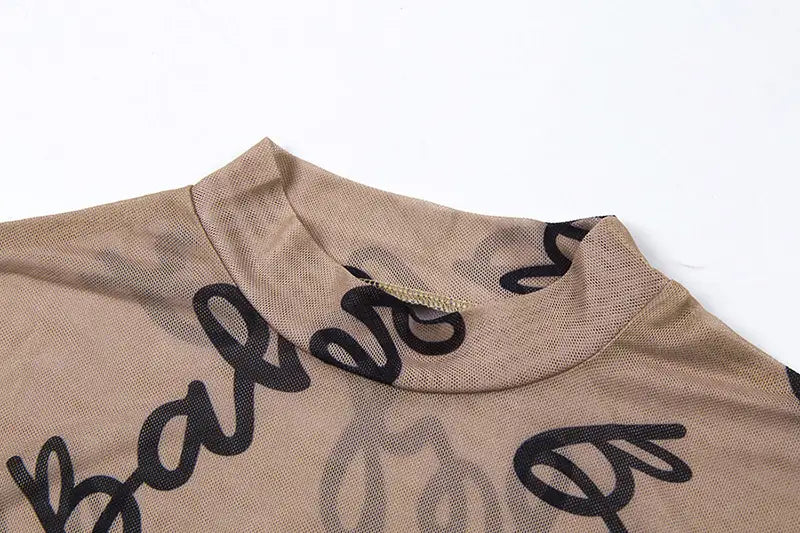 Women Sheer Mesh Long Sleeve T-Shirt Bodysuit | With Letters - # GIAA23510049
