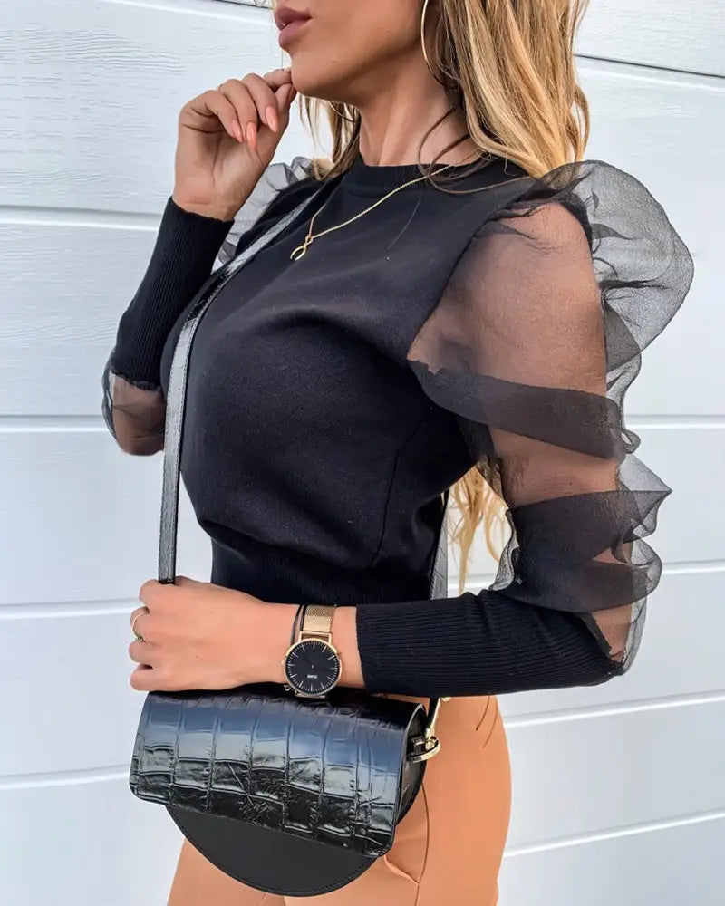 Women’s Sheer Mesh Panel Long Sleeve T-Shirt - # GIAA23510047