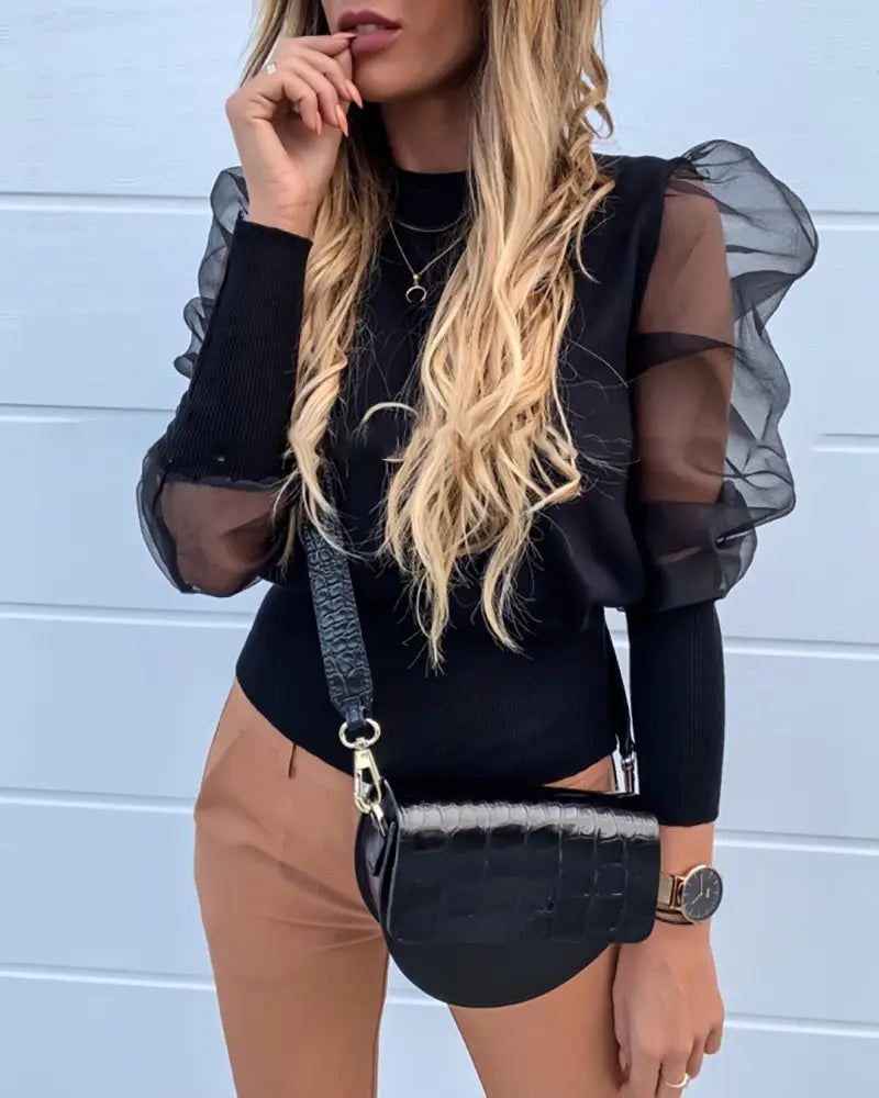 Women’s Sheer Mesh Panel Long Sleeve T-Shirt - # GIAA23510047