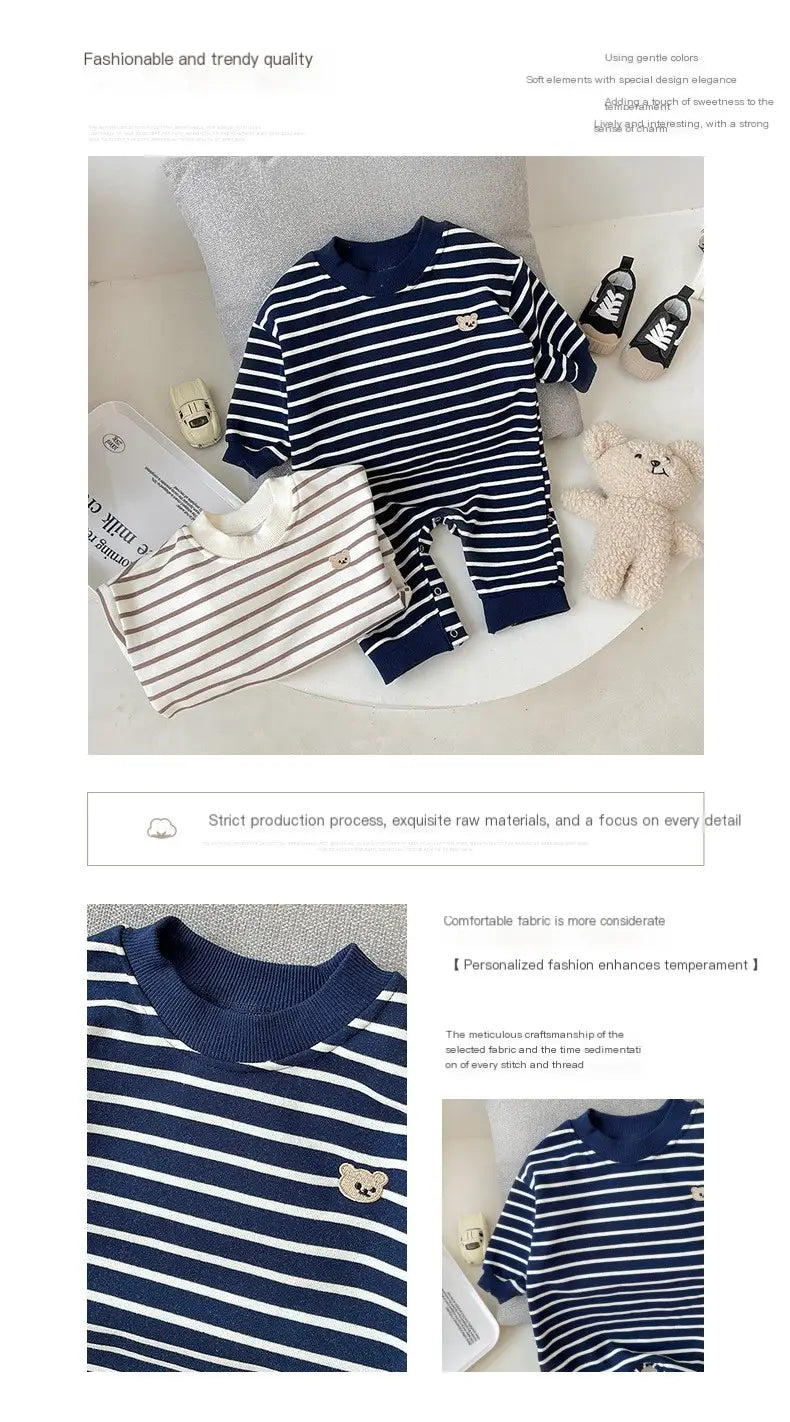 Striped Teddy Baby Onesie | Cute Long Sleeve Romper | One Piece - # BAAA21110060