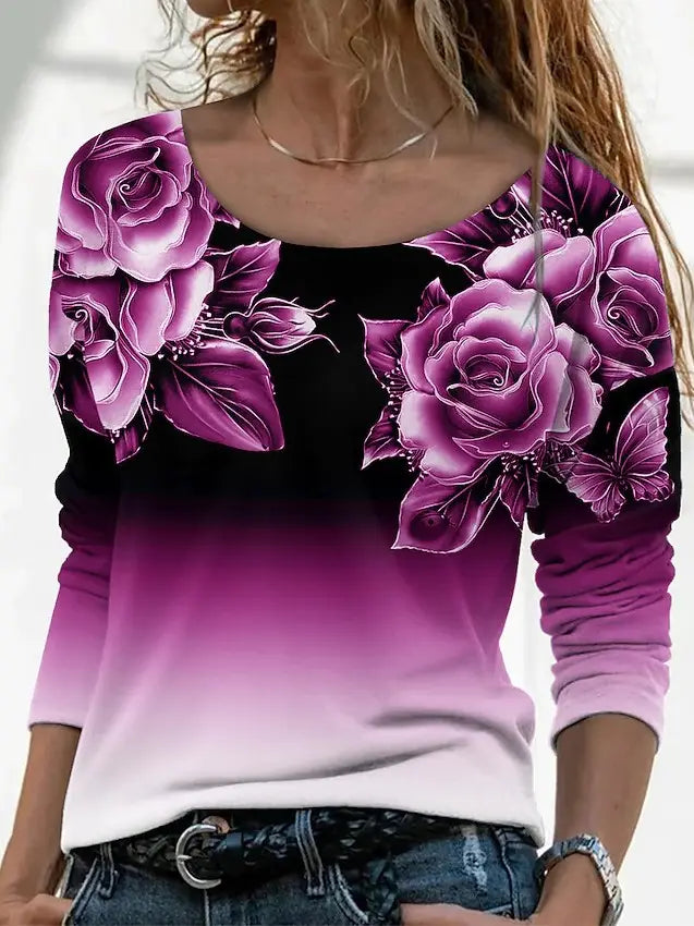 3D Printed Casual Long Sleeve Pullover T-Shirt for Women