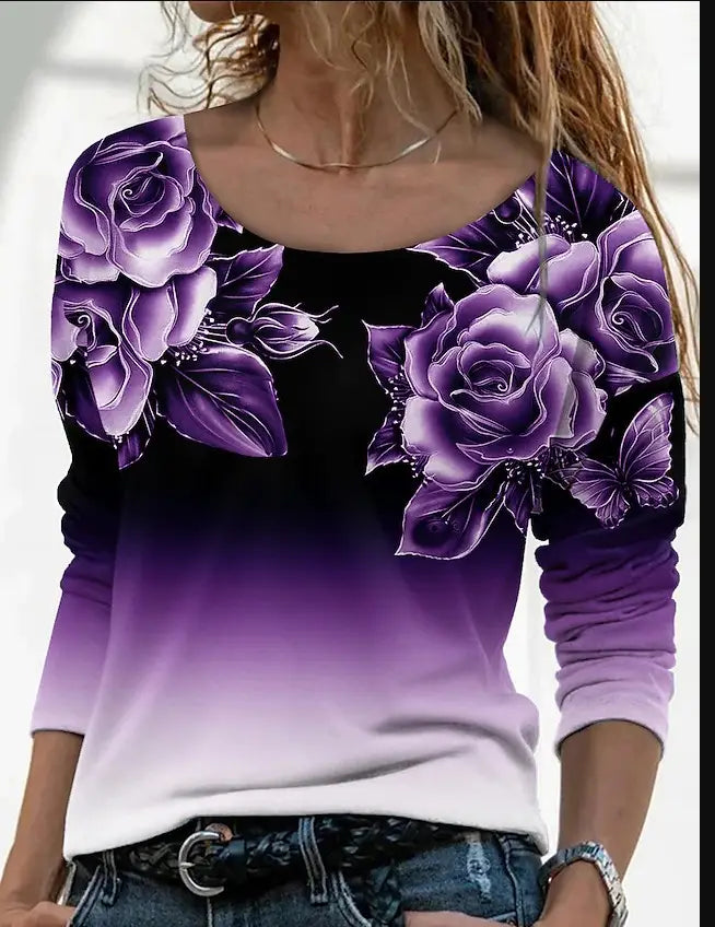 3D Printed Casual Long Sleeve Pullover T-Shirt for Women