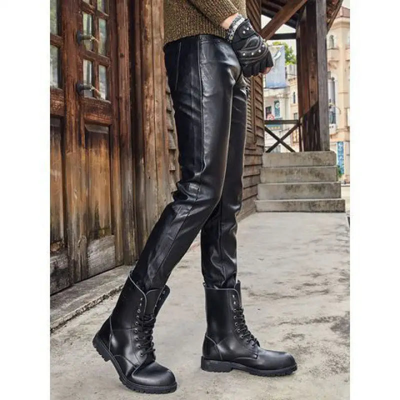 Men’s Genuine Leather Retro Slim Fit Biker Pants - # BOAA13410028