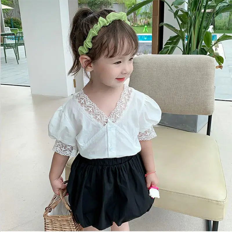 Girls’ Summer Lace Top & Bubble Shorts Set (Ages 3-8)
