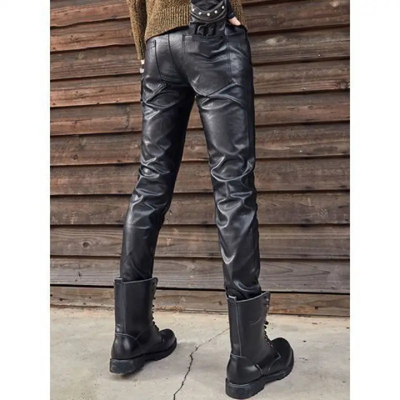 Men’s Genuine Leather Retro Slim Fit Biker Pants - # BOAA13410028