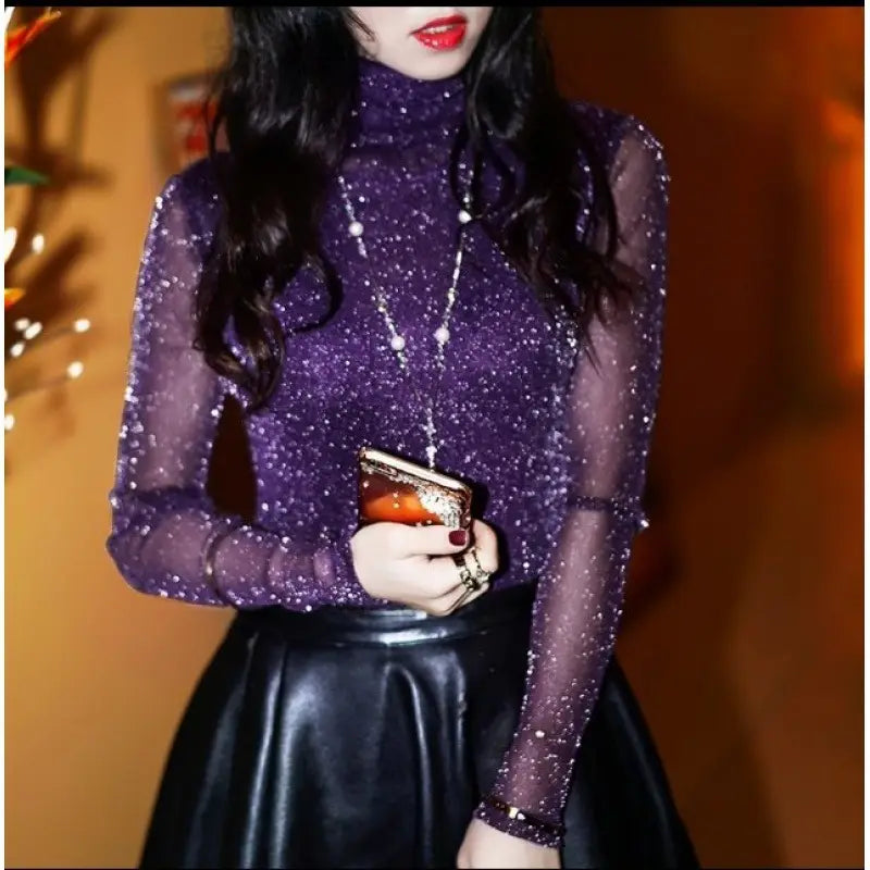Sheer Mesh Long Sleeve T-Shirt for Women | Black Top - # GIAA23510046