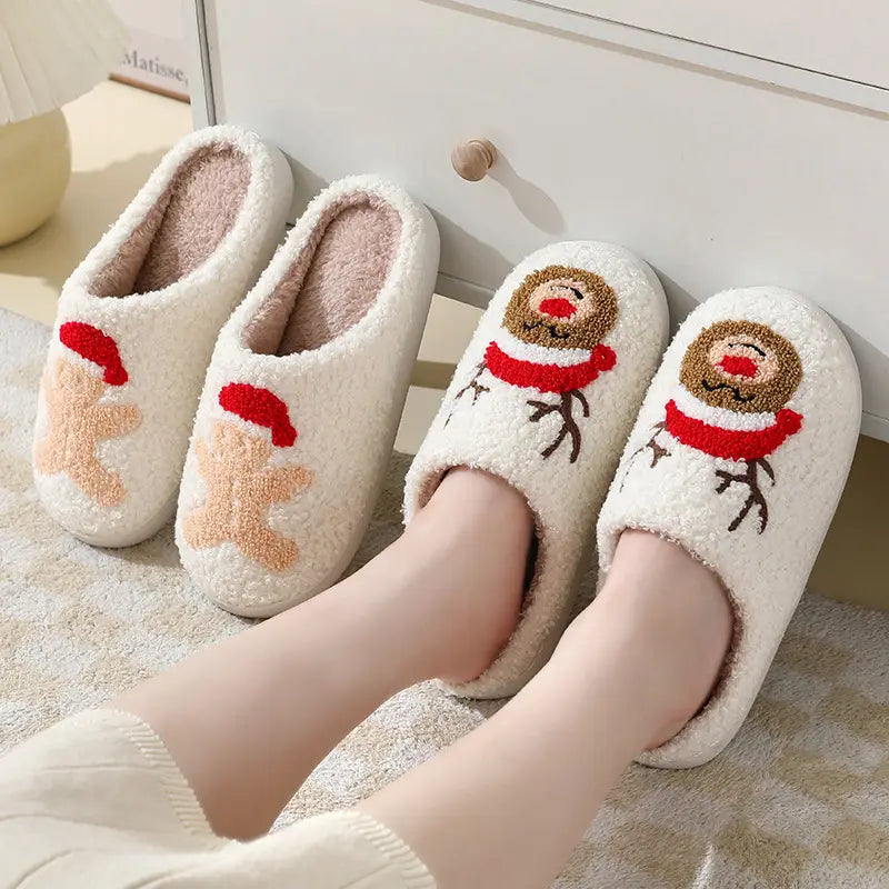 Christmas Home Slippers Cute Cartoon Santa Claus Cotton Slippers For Boys Women And Men Couples Winter Warm Furry Shoes