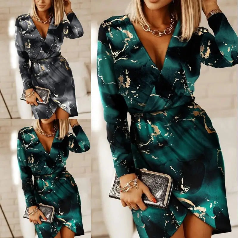 V-Neck Long Sleeve High Slit Print T-Shirt Dress in Black