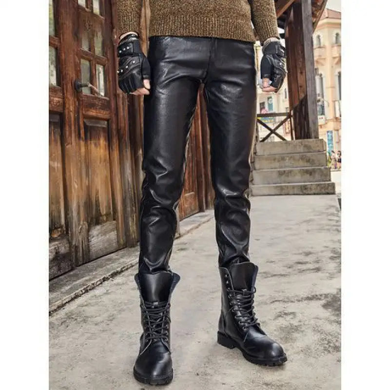 Men’s Genuine Leather Retro Slim Fit Biker Pants - # BOAA13410028
