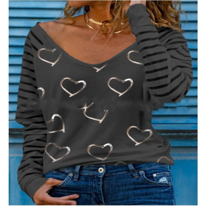 Women Printed V-Neck Long Sleeve All-Match T-Shirt - # GIAA23510054