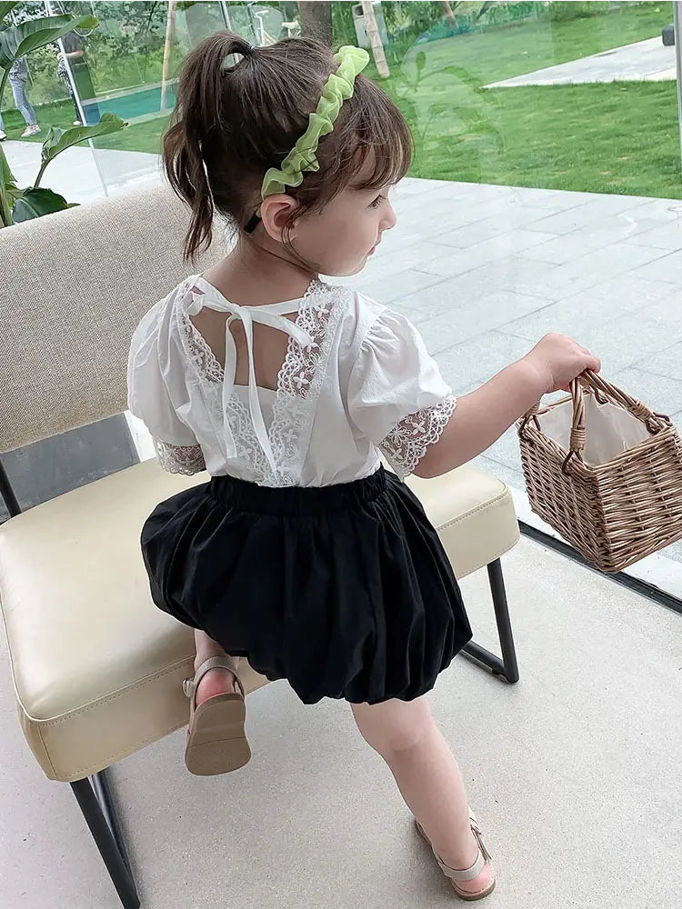 Girls’ Summer Lace Top & Bubble Shorts Set (Ages 3-8)