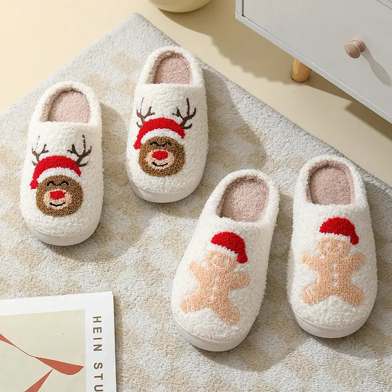 Christmas Home Slippers Cute Cartoon Santa Claus Cotton Slippers For Boys Women And Men Couples Winter Warm Furry Shoes