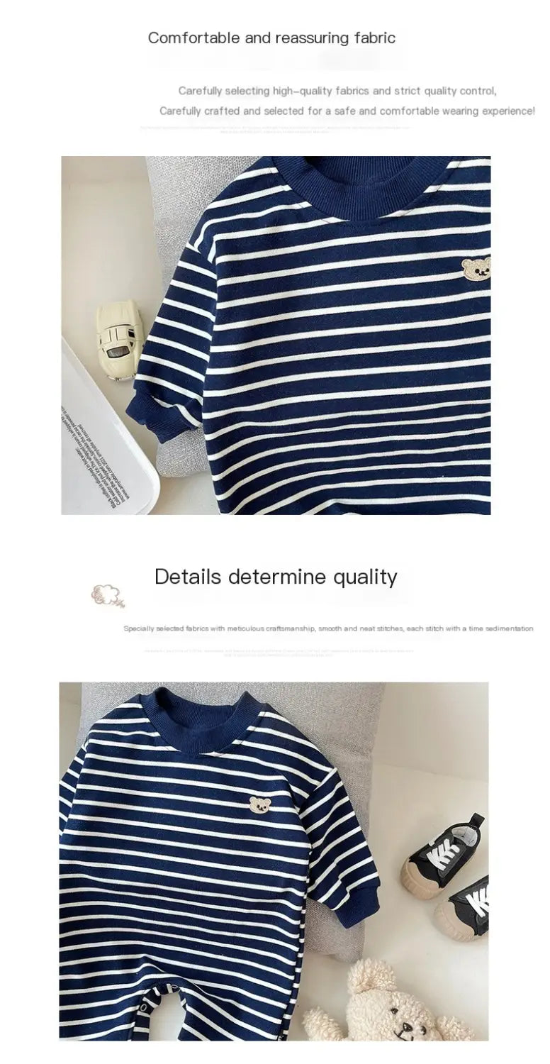 Striped Teddy Baby Onesie | Cute Long Sleeve Romper | One Piece - # BAAA21110060