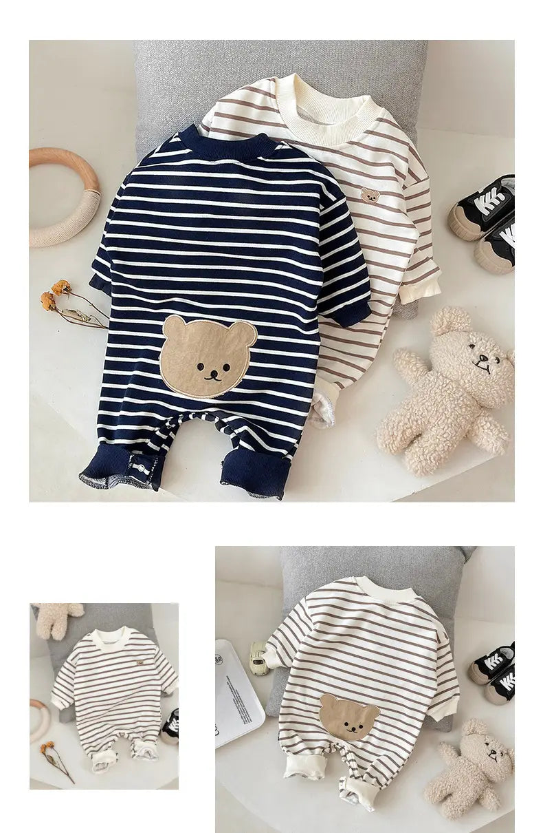 Striped Teddy Baby Onesie | Cute Long Sleeve Romper | One Piece - # BAAA21110060