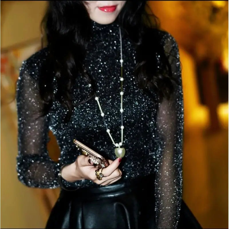 Sheer Mesh Long Sleeve T-Shirt for Women | Black Top - # GIAA23510046
