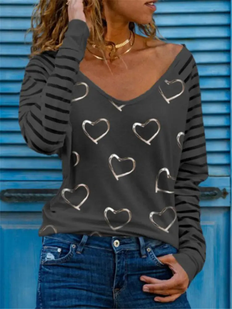 Women Printed V-Neck Long Sleeve All-Match T-Shirt - # GIAA23510054