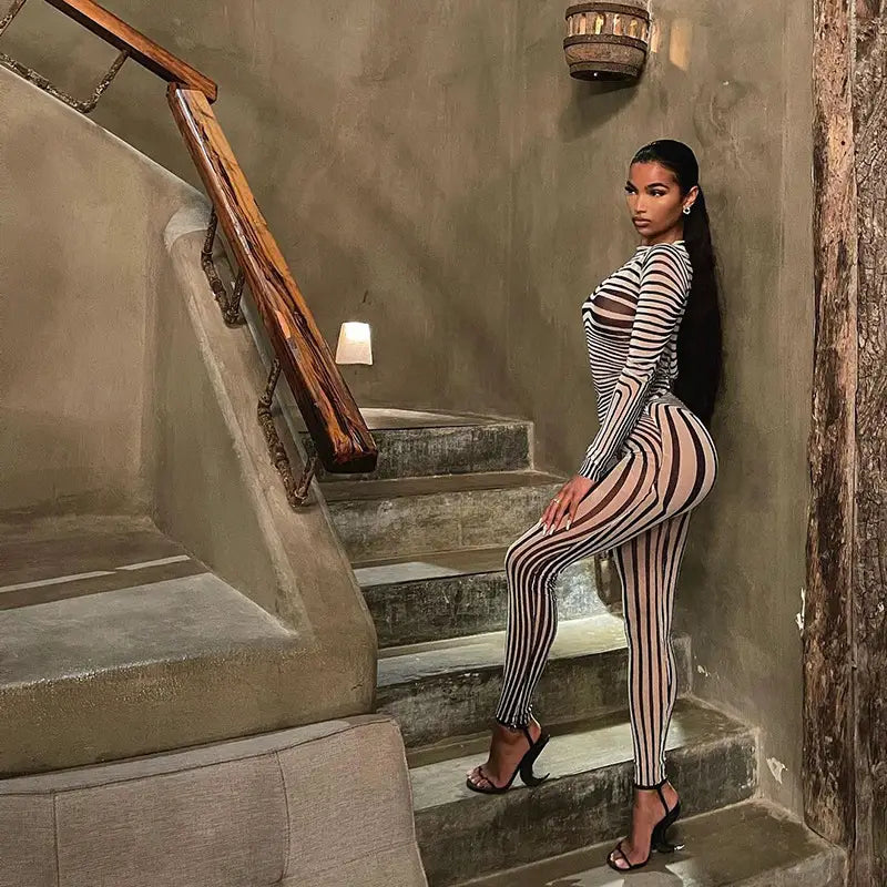 Striped Mesh Pant Set Image 3