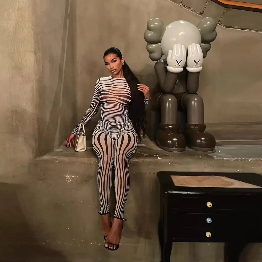 Striped Mesh Pant Set Image 1