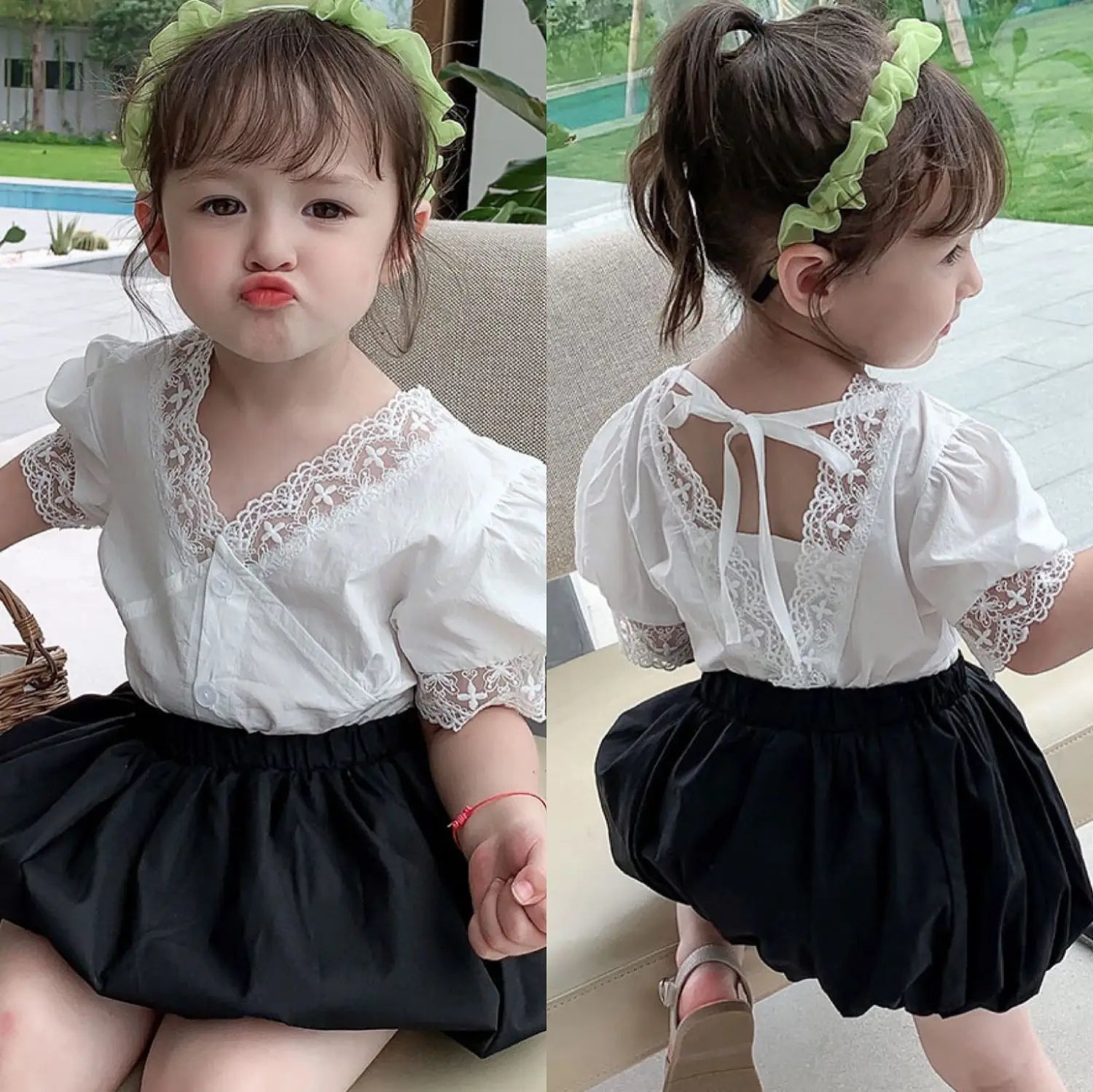 Girls’ Summer Lace Top & Bubble Shorts Set (Ages 3-8)