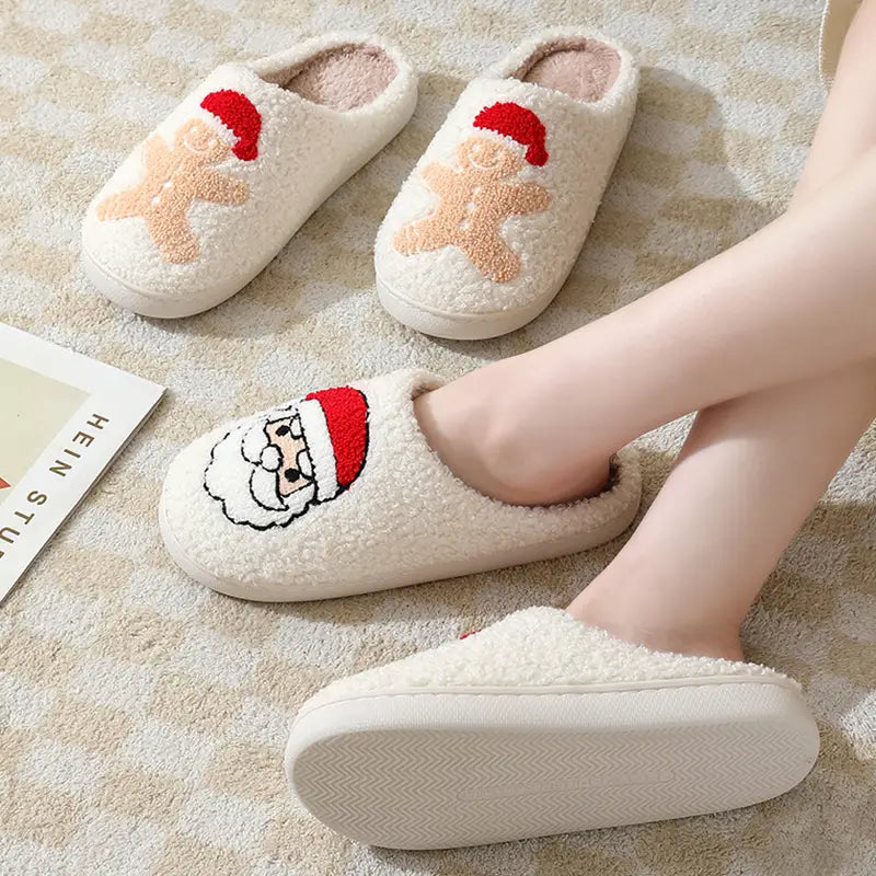 Christmas Home Slippers Cute Cartoon Santa Claus Cotton Slippers For Boys Women And Men Couples Winter Warm Furry Shoes