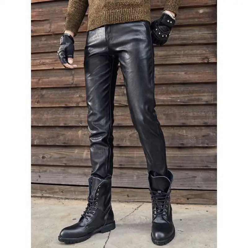 Men’s Genuine Leather Retro Slim Fit Biker Pants - # BOAA13410028