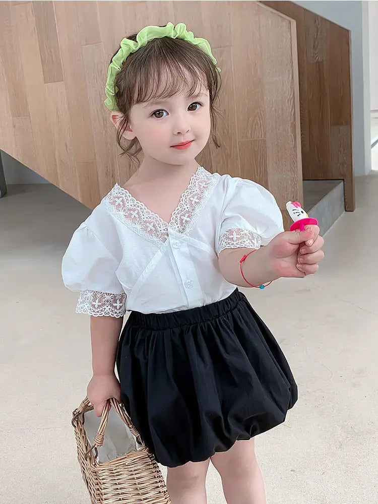 Girls’ Summer Lace Top & Bubble Shorts Set (Ages 3-8)
