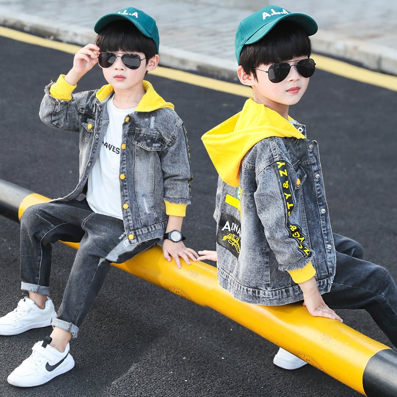 Boy’s Denim Jacket with Hoodie | For Spring and Autumn _ # BOAA13210014 & BOAA12210002 - Yellow / 120cm - Boys clothing