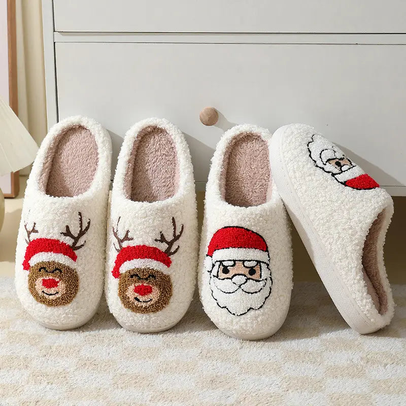 Christmas Home Slippers Cute Cartoon Santa Claus Cotton Slippers For Boys Women And Men Couples Winter Warm Furry Shoes