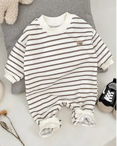 Striped Teddy Baby Onesie | Cute Long Sleeve Romper | One Piece - # BAAA21110060