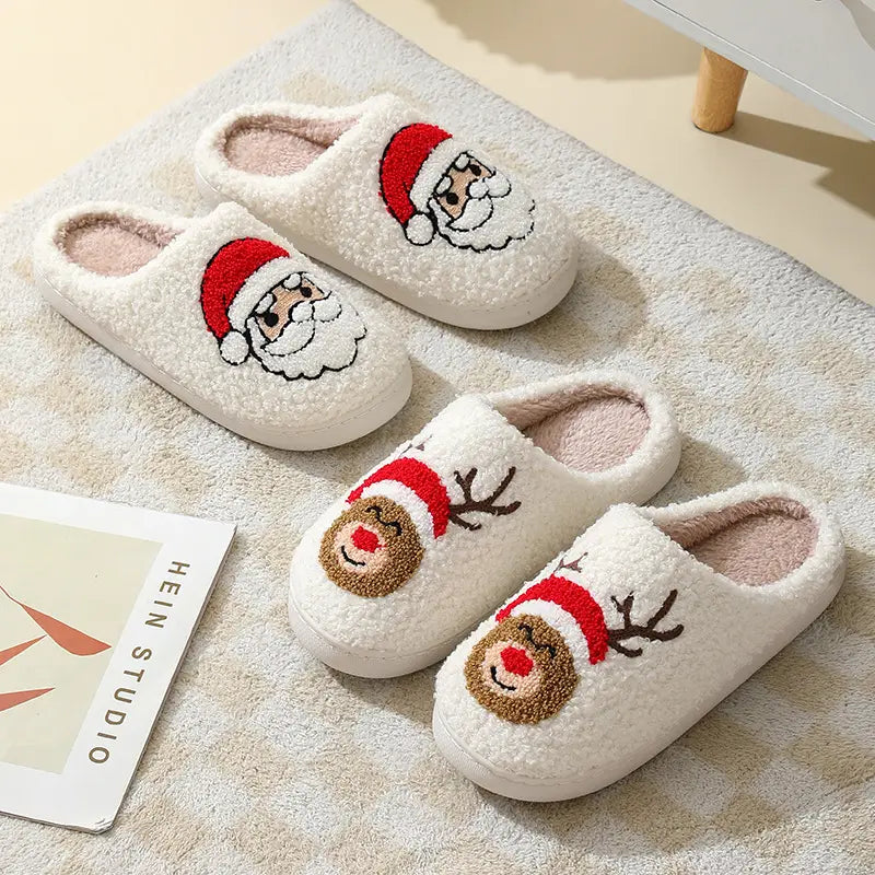 Christmas Home Slippers Cute Cartoon Santa Claus Cotton Slippers For Boys Women And Men Couples Winter Warm Furry Shoes